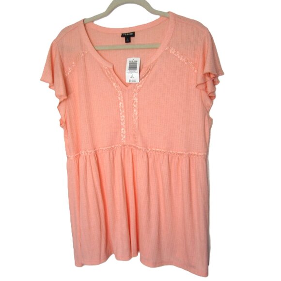 Torrid NEW Plus 2 2X 18 20 Peach Flutter Sleeve Lace Trim Top Blouse Orange - Picture 1 of 9